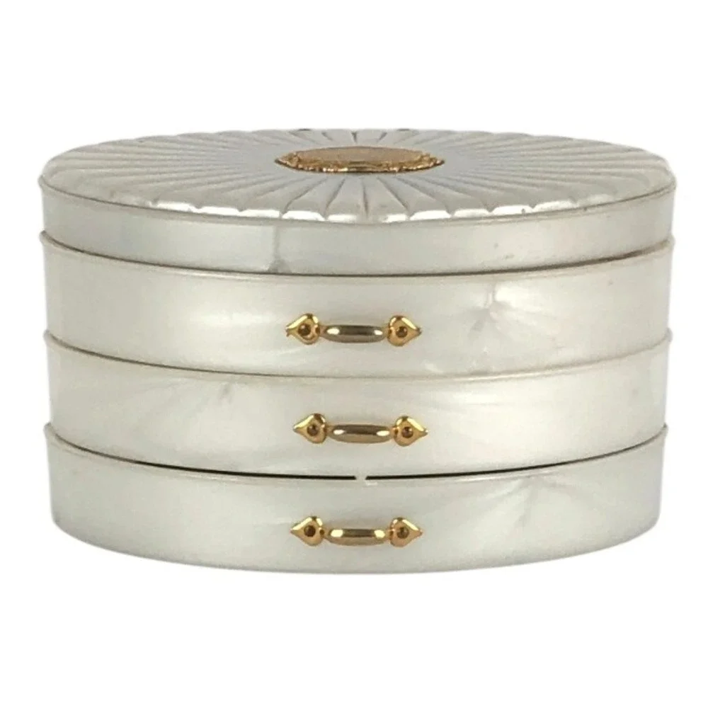 VTG Rialto NY Pearlized Lucite 3 Tier Swivel Jewelry Box White Gold MCM